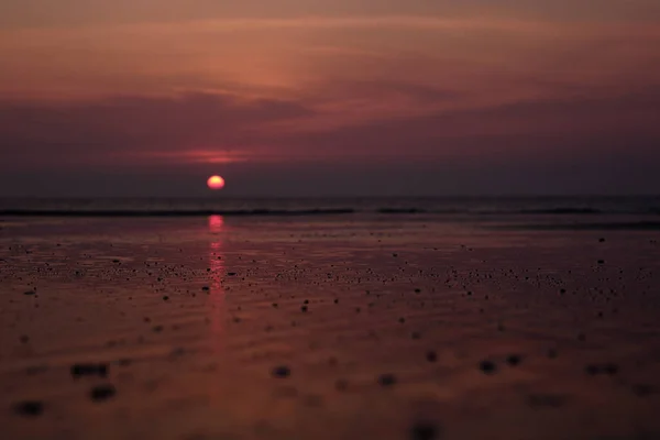 Ameland, Holandia Kwiecień 2021: Zachód słońca na plaży, refleksja nad mokrym piaskiem. Ładny ciepły czerwony i pomarańczowy złoty zachód słońca nad północnym wybrzeżem morza. — Zdjęcie stockowe