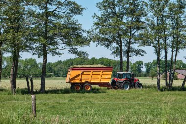 Sulak römorklu traktör, taze biçilmiş çayırlar ve ağaçlı yol. Arka planda çiftlik ve ön planda çit. Mavi gökyüzü ile Hollanda resmi. Dronten, Haziran 2021