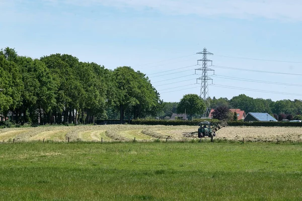 Dronten, 1 juni 2021: Grasland met tractormaaier en -hark, gras klaar voor teelt.Nederlandse boeren racen tegen de regen om hooi, maaien, harken en kuil.Alle boeren werken op het land — Stockfoto