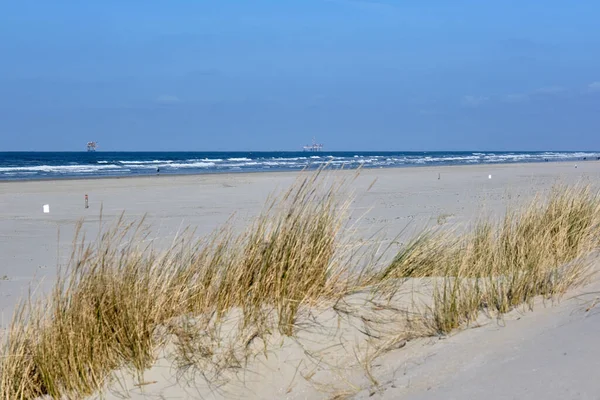 Ameland, Paesi Bassi Aprile 20,2021-Spiaggia con piattaforma offshore, sabbia, erba spiaggia e surf. Gente che cammina sulla spiaggia. Nam, piattaforma petrolifera. Estrazione di gas naturale nella regione del Wadden-Mare del Nord. — Foto Stock