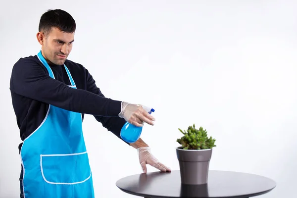 Man Pours Water Indoor Flower Spray Bottle Home Housework Gender — Stock Photo, Image