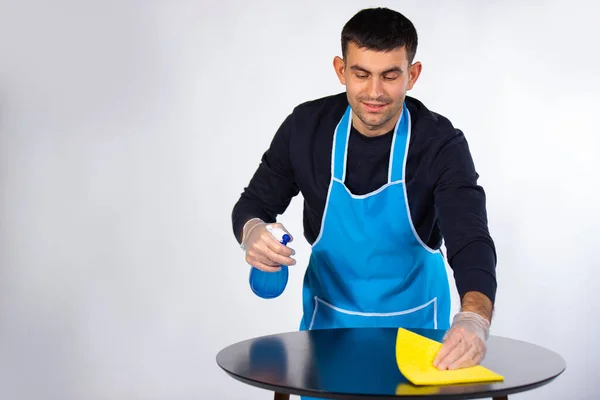 Young Handsome Man Rubber Gloves Wipes Table Rag Homemade Spray — Stock Photo, Image