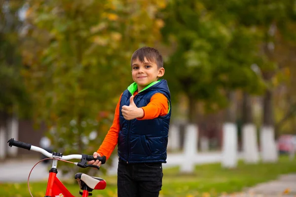 Ein Kindergartenkind Einem Herbstlichen Park Ein Kleines Kind Zeigt Die — Stockfoto