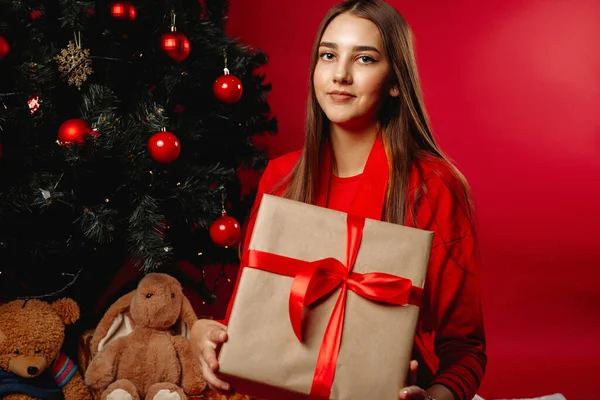 Noel Ağacının Yanında Tüylü Saçlı Elinde Hediyeyle Güzel Bir Kız — Stok fotoğraf