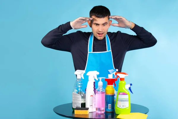 Surprised Man Seeing Amount Home Cleaning Products Photo Blue Background — Stock Photo, Image