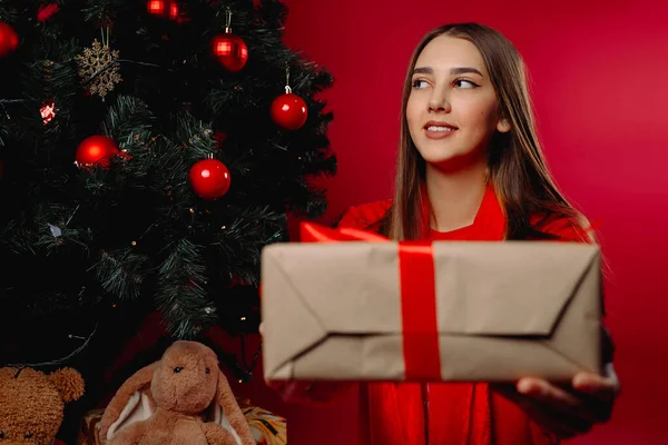 Noel Ağacının Yanında Güzel Bir Kız Bir Hediye Kutusu Tutuyor — Stok fotoğraf