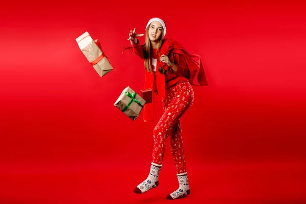 Une Jeune Fille Dans Chapeau Avec Sac Père Noël Jette — Photo