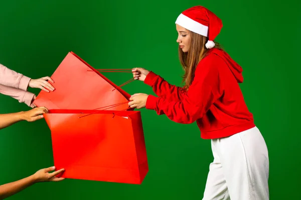 Shopping Discount Concept Young Girl Santa Hat Holding Big Bags — Stock Photo, Image