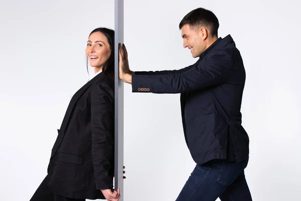 Businesswoman Office Clothes Being Back Wall Businessman Pushing Wall Smile — Stok fotoğraf