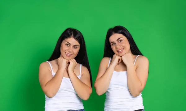 Jovens Meninas Gêmeas Posar Bonito Contra Fundo Verde Olhar Ternamente — Fotografia de Stock