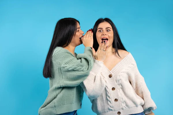 Segredos Emoção Mulheres Gêmeas Sorridentes Vestindo Roupas Moda Fundo Azul — Fotografia de Stock