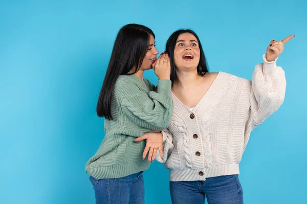 Mulheres Felizes Com Fundo Azul Gêmeos Roupas Idênticas Flertar Passar — Fotografia de Stock