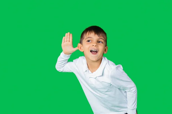 Цікава Дошкільна Дитина Тримає Руку Щоб Уважно Слухати Рекламу Зеленому — стокове фото