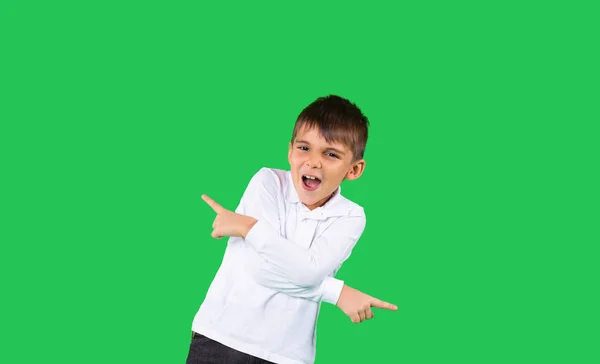 Niño Alegre Muestra Alegremente Las Manos Diferentes Direcciones Emociones Los —  Fotos de Stock