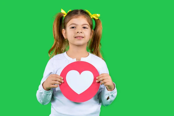 Retrato de linda alegre encantadora atractiva magnífica chica guapa con cola de caballo sosteniendo en las manos gran corazón de papel aislado sobre fondo verde — Foto de Stock