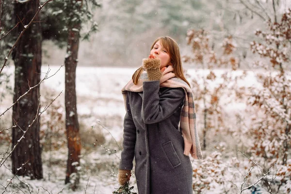 A cute blonde girl wearing an ultimate gray coat with a warm scarf and gloves sends an air kiss to the camera in the winter forest, snowy background. — Stock Photo, Image