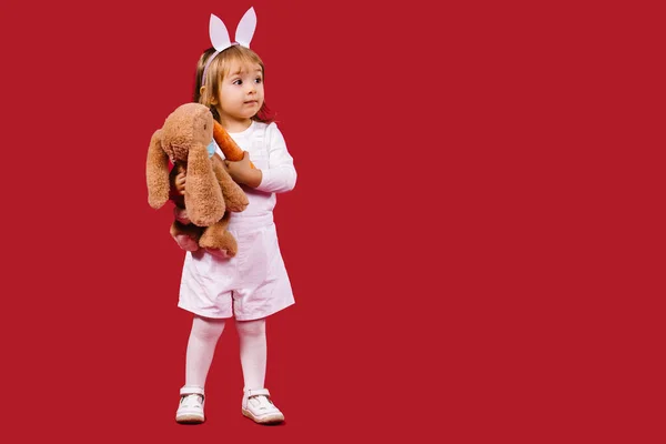 Adorable niña rubia de pelo largo con un traje blanco y orejas de conejo jugando con un conejo de juguete alimentando conejo con zanahoria. Fondo rojo con espacio lateral vacío — Foto de Stock