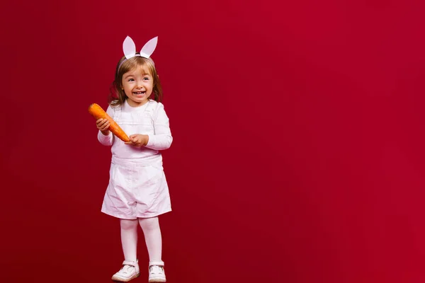 Söt påskhare. Full längd, liten vit flicka med kaninöron och en stor morot i händerna ser sida på en röd bakgrund med sidan reklam utrymme. — Stockfoto