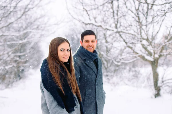 Data invernale congelato concetto. Ragazza felice e fidanzato che si tiene per mano guardando la fotocamera, sorridente carino, passeggiando nel parco innevato al mattino — Foto Stock