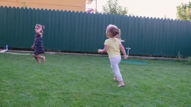 Twee kleine grappige meisjes rennen in een cirkel na elkaar op het groene gazon voor het huis. — Stockvideo