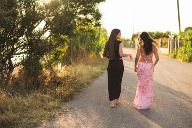 Sıcak ve renkli bir gün batımı gökyüzünü boyar. İki yakın arkadaş doğada huzurlu bir yolda neşeyle yürürken.