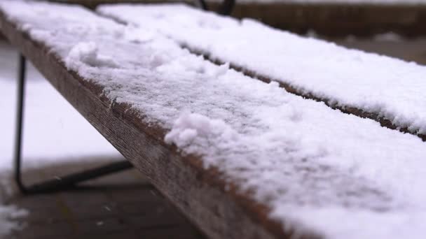 雪花飘落在棕色的木制长椅上 背景图不清晰 — 图库视频影像