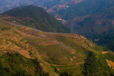 Vietnam manzarası pirinç tarlası, nehir, dağ ve alçak bulutlar sabahın erken saatlerinde Trung Khanh, Cao Bang, Vietnam 'da.
