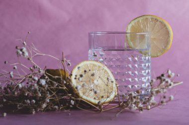 Alkol içeceği (cin ve tonik kokteyl) limon meyvesi ve pembe arka planda izole edilmiş çiçek ile süslenmiştir. Limonlu ve otlu buzlu kokteyl..