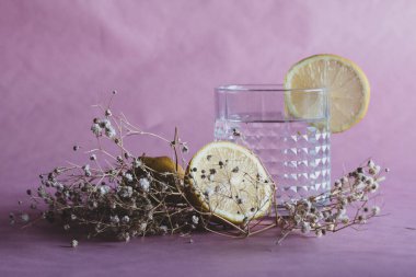 Alkol içeceği (cin ve tonik kokteyl) limon meyvesi ve pembe arka planda izole edilmiş çiçek ile süslenmiştir. Limonlu ve otlu buzlu kokteyl..