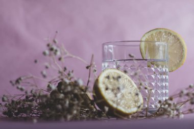 Alkol içeceği (cin ve tonik kokteyl) limon meyvesi ve pembe arka planda izole edilmiş çiçek ile süslenmiştir. Limonlu ve otlu buzlu kokteyl..