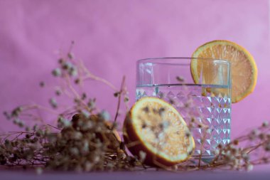 Alkol içeceği (cin ve tonik kokteyl) limon meyvesi ve pembe arka planda izole edilmiş çiçek ile süslenmiştir. Limonlu ve otlu buzlu kokteyl..