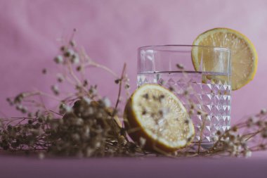 Alkol içeceği (cin ve tonik kokteyl) limon meyvesi ve pembe arka planda izole edilmiş çiçek ile süslenmiştir. Limonlu ve otlu buzlu kokteyl..