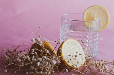 Alkol içeceği (cin ve tonik kokteyl) limon meyvesi ve pembe arka planda izole edilmiş çiçek ile süslenmiştir. Limonlu ve otlu buzlu kokteyl..