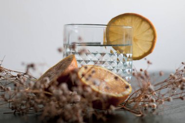 Alkol içeceği (cin ve tonik kokteyl) limon meyvesi ile süslenmiş ve kırsal arka planda güneş ışığıyla izole edilmiş çiçek. Limonlu ve otlu buzlu kokteyl..
