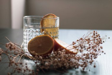 Alkol içeceği (cin ve tonik kokteyl) limon meyvesi ile süslenmiş ve kırsal arka planda güneş ışığıyla izole edilmiş çiçek. Limonlu ve otlu buzlu kokteyl..