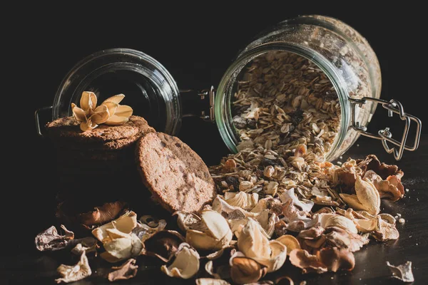 Servindo Café Manhã Saudável Com Flocos Milho Grãos Inteiros Muesli — Fotografia de Stock