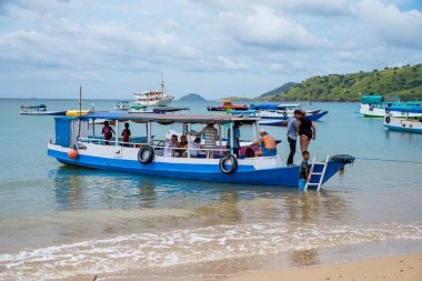 A Paradise island, tropical beach, emerald green sea with beach trees and blue sky background, Indonesia, south asia. Local people have a simple life like fishermen and sellers. Indonesia, South Asia