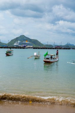 A Paradise island, tropical beach, emerald green sea with beach trees and blue sky background, Indonesia, south asia. Spectacular paradisiac beaches of Indonesia.