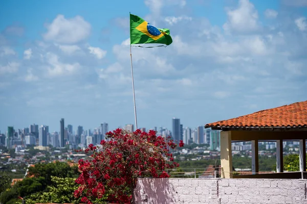 Bandiera Brasiliana Pennone Che Sventola Nel Cielo Nuvoloso Blu Una Immagine Stock