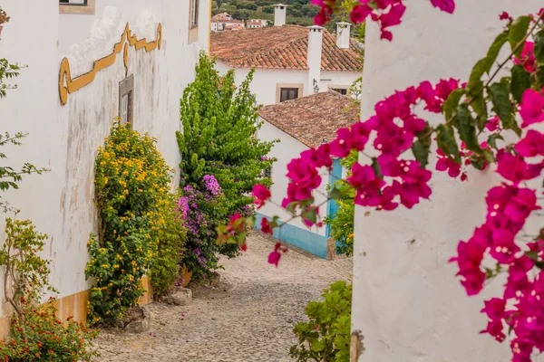 Obidos Portugalia 2020 Sklepy Pamiątkami Kolorowe Wąskie Uliczki Średniowiecznego Portugalskiego Zdjęcie Stockowe