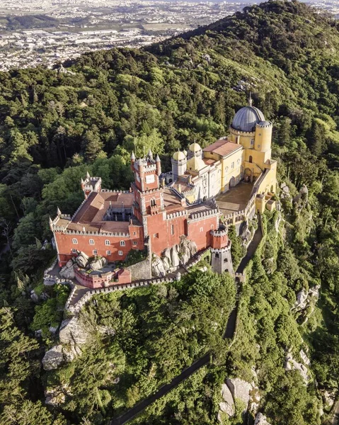 Widok Lotu Pena Palace Kolorowy Romantyczny Zamek Wzgórzu Podczas Pięknego — Zdjęcie stockowe