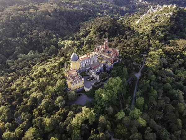 Widok Lotu Pena Palace Kolorowy Romantyczny Zamek Wzgórzu Podczas Pięknego — Zdjęcie stockowe