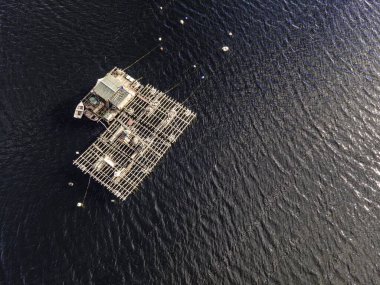 Portekiz 'in Setubal kentindeki Sesimbra Belediyesi' nde yer alan Lagoa de Albufeira 'da balıkçılık kültürleri için yüzen yapıya dair hava manzarası..