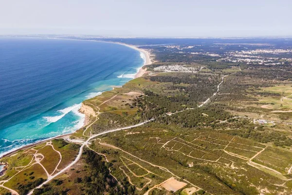 Aerial View Wild Coastline Atlantic Ocean Waves Rolling Cliffs Praia — Stock Photo, Image