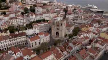 Aerial view of Alfama old district in Lisbon downtown, view of the city old town from top, Lisbon, Portugal.