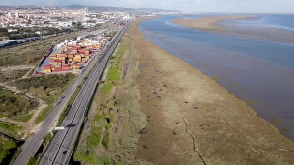 Uitzicht Vanuit Lucht Het Platteland Rond Vasco Gama Brug Lissabon — Stockvideo