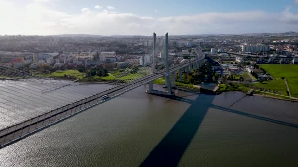 Lizbon Portekiz Deki Vasco Gama Köprüsünün Hava Görüntüsü Avrupa Nın — Stok video