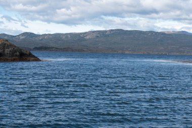 Lapataia Körfezi manzarası, Tierra del Fuego. Ushuaia, Arjantin 'deki Atlantik Okyanusu manzarası.