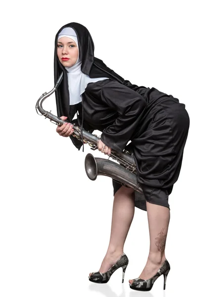 Nun with a saxophone — Stock Image Nun with a saxophone Royalty Free Stock Photos