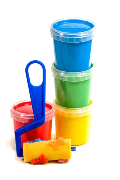 Childrens roller and colorful paint bucket — Stock Photo, Image